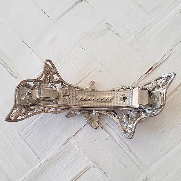 Rhinestone and Metal Silvertone Hair Clip with Butterflies and Flowers Bride 4" - Picture 5 of 7